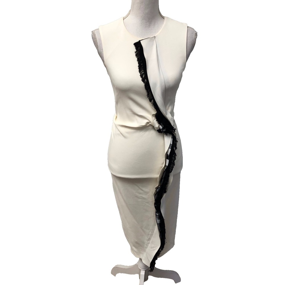 Sportmax Defile Sheath Dress Womens 0 Midi Ivory Sleeveless Black Fringe Career